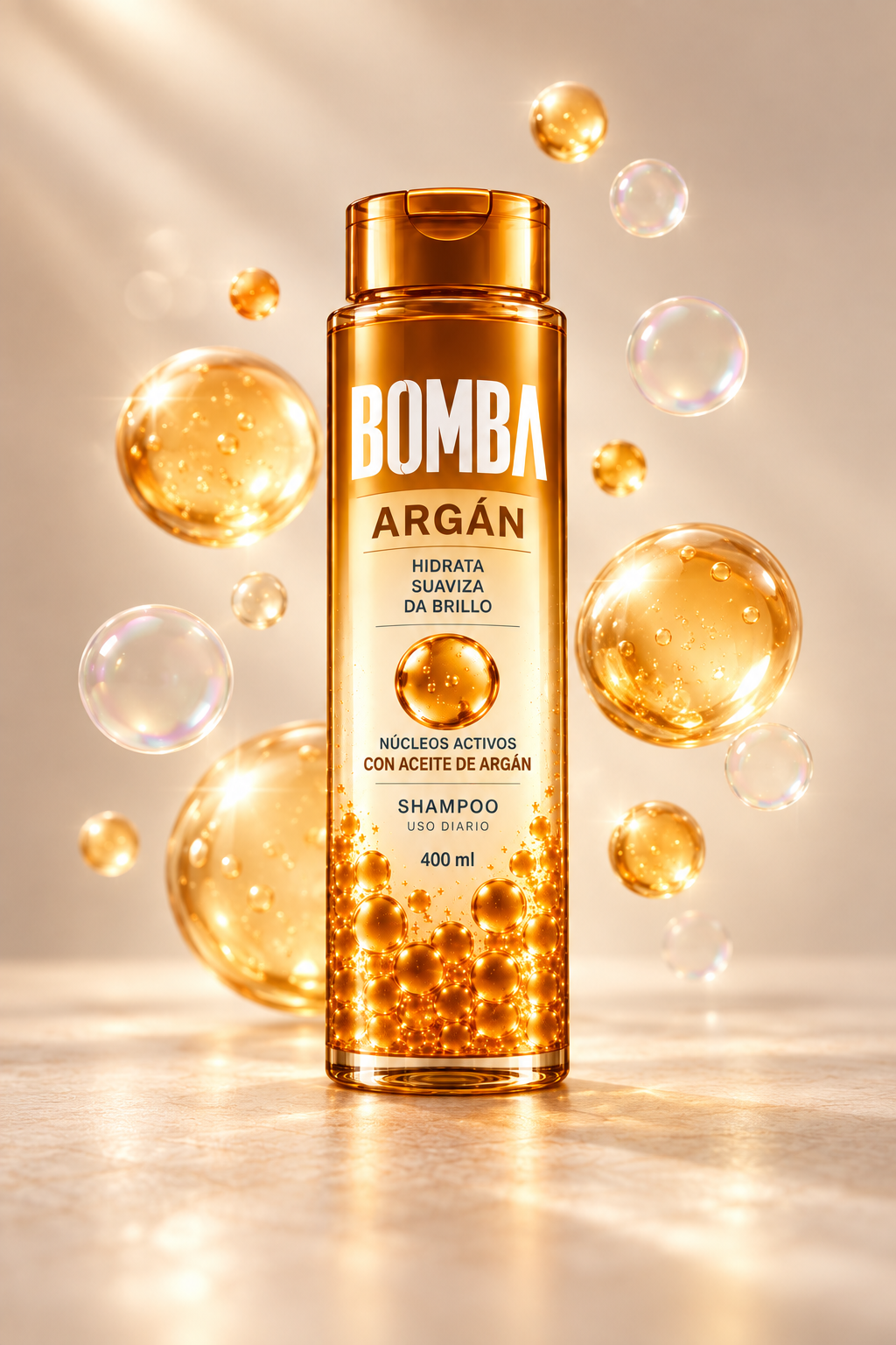 Botella BOMBA Argán shampoo 400 ml con núcleos activos de aceite de argán visibles en su interior