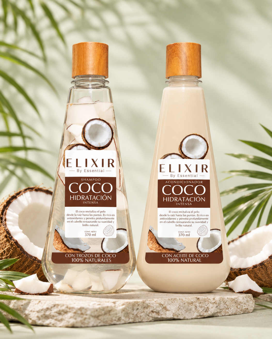 Shampoo y acondicionador ELIXIR Coco con trozos de coco natural visibles dentro de la botella