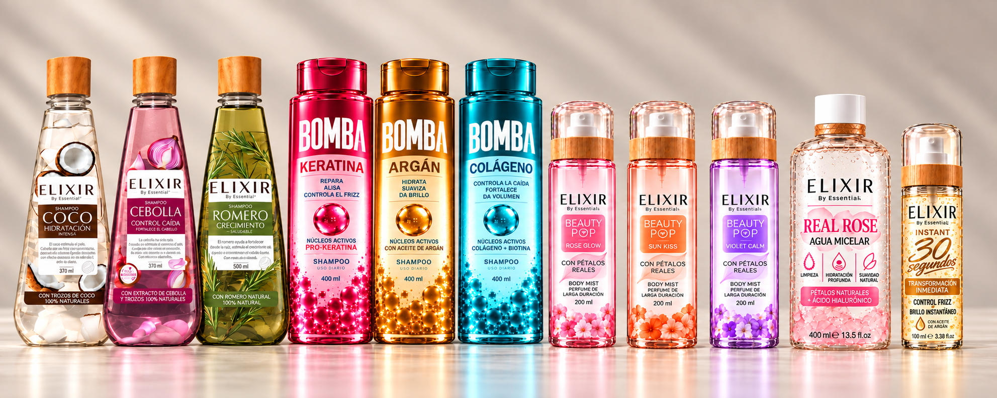 Once botellas Starbrands en fila: tres ELIXIR capilares, tres BOMBA, tres Beauty POP, agua micelar Real Rose y sérum Instant 30s