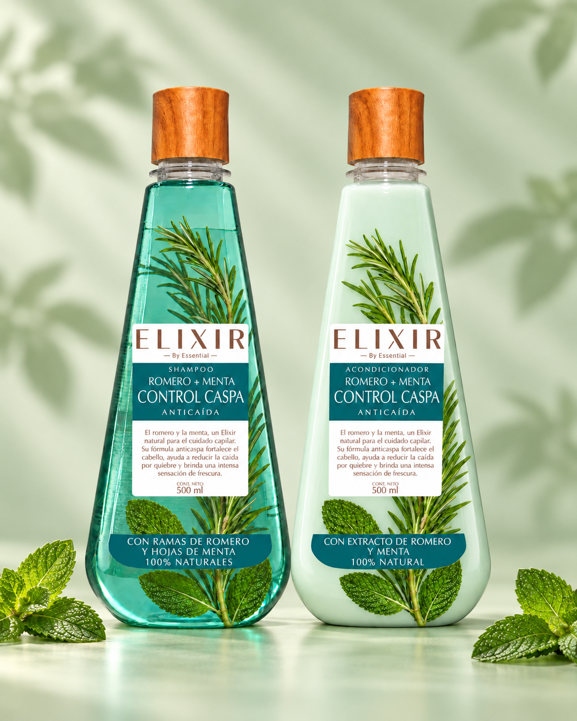 Shampoo y acondicionador ELIXIR Romero + Menta Control Caspa con ramas de romero y hojas de menta visibles dentro de la botella
