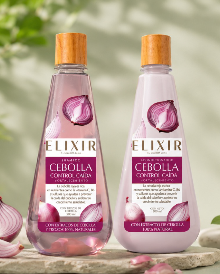 Línea ELIXIR Cebolla con cebolla roja visible dentro de la botella