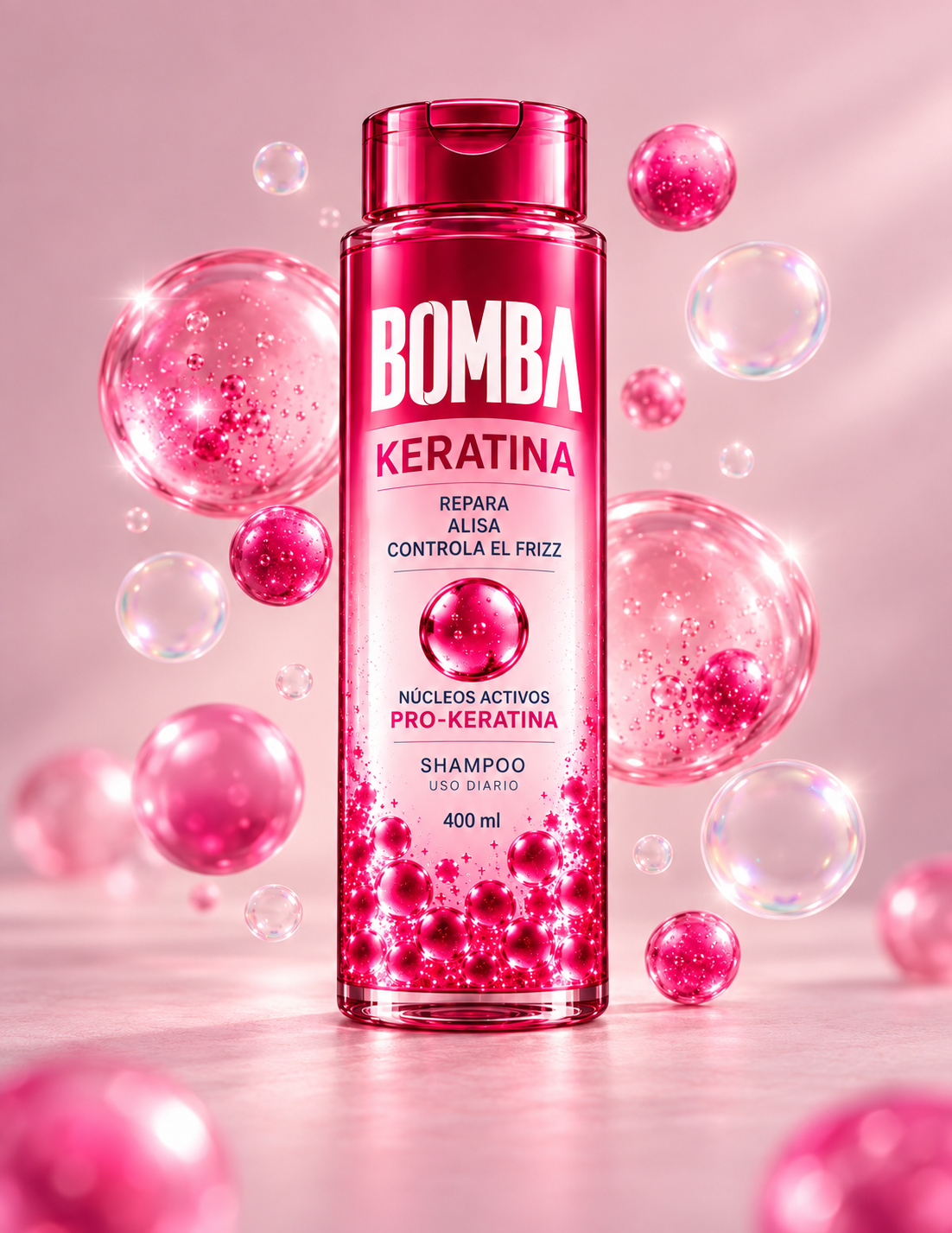 Botella BOMBA Keratina shampoo 400 ml con núcleos activos de keratina visibles en su interior