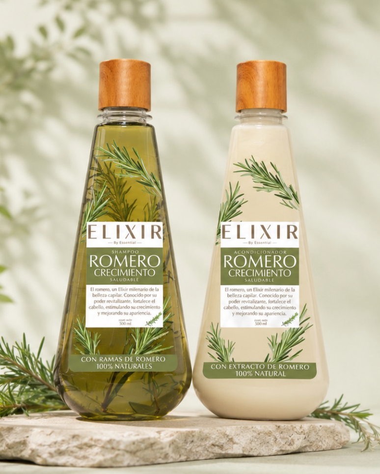Shampoo y acondicionador ELIXIR Romero con ramas de romero natural visibles dentro de la botella