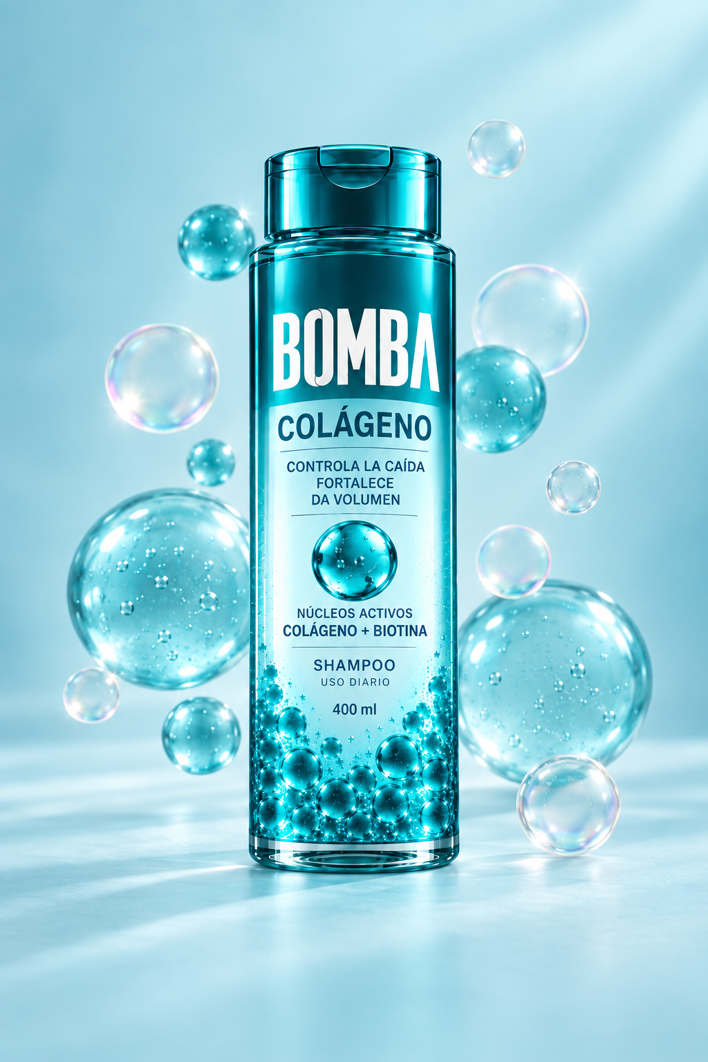 Botella BOMBA Colágeno shampoo 400 ml con núcleos activos de colágeno y biotina visibles en su interior