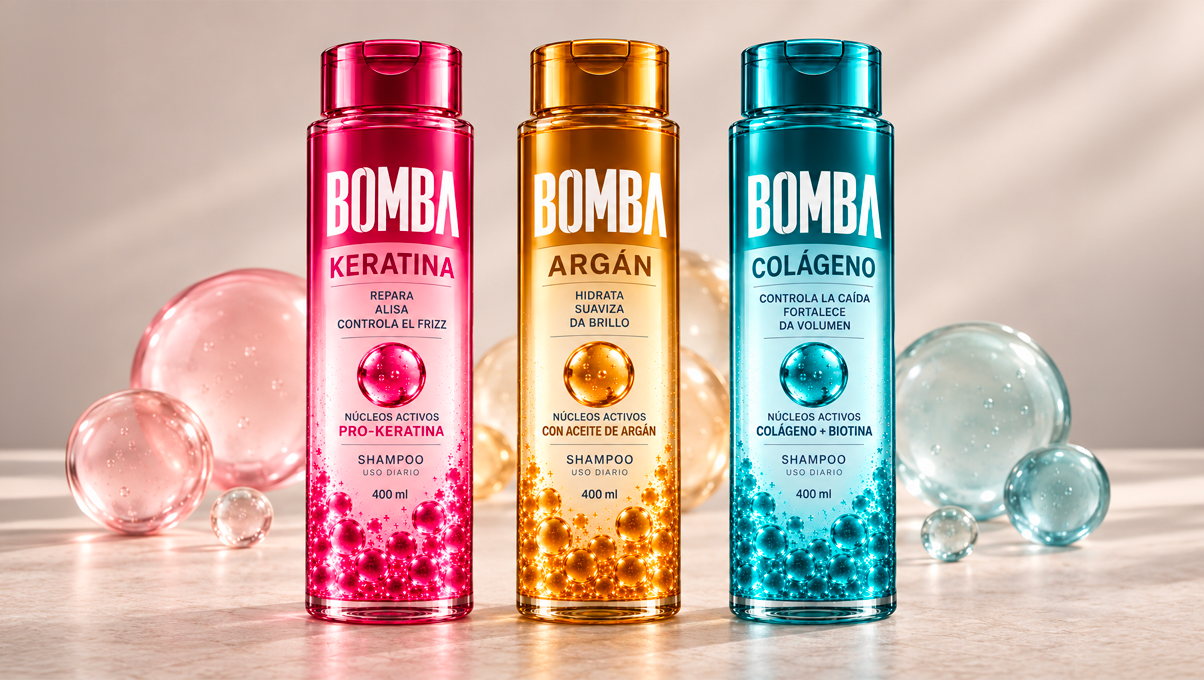 Tres botellas BOMBA con microesferas visibles en su interior: Keratina, Argán y Colágeno + Biotina