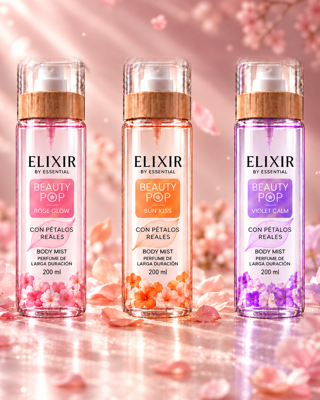 Tres body mist ELIXIR Beauty POP — Rose Glow, Sun Kiss y Violet Calm — con pétalos reales visibles dentro de la botella