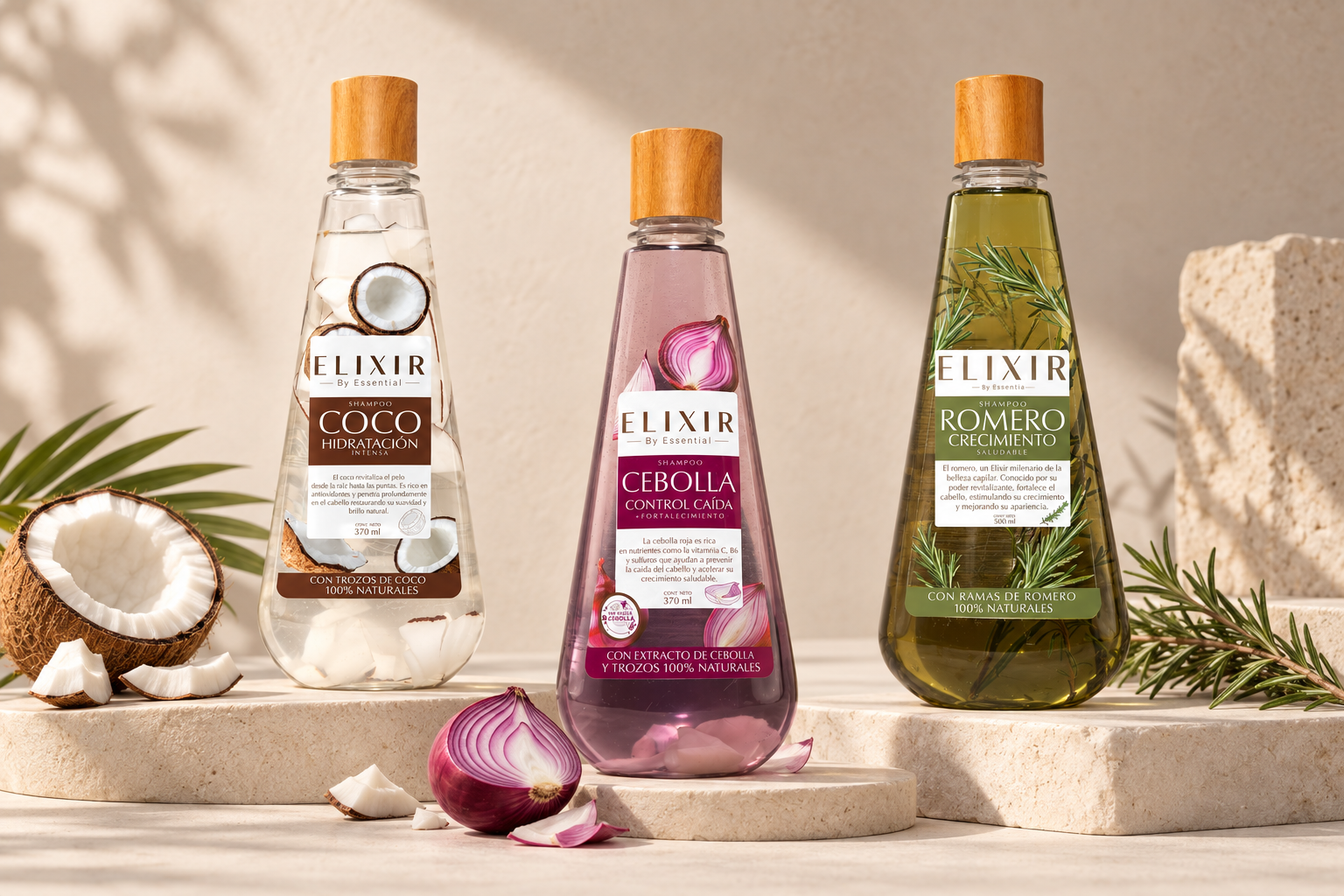 Tres botellas ELIXIR con ingredientes botánicos reales dentro
