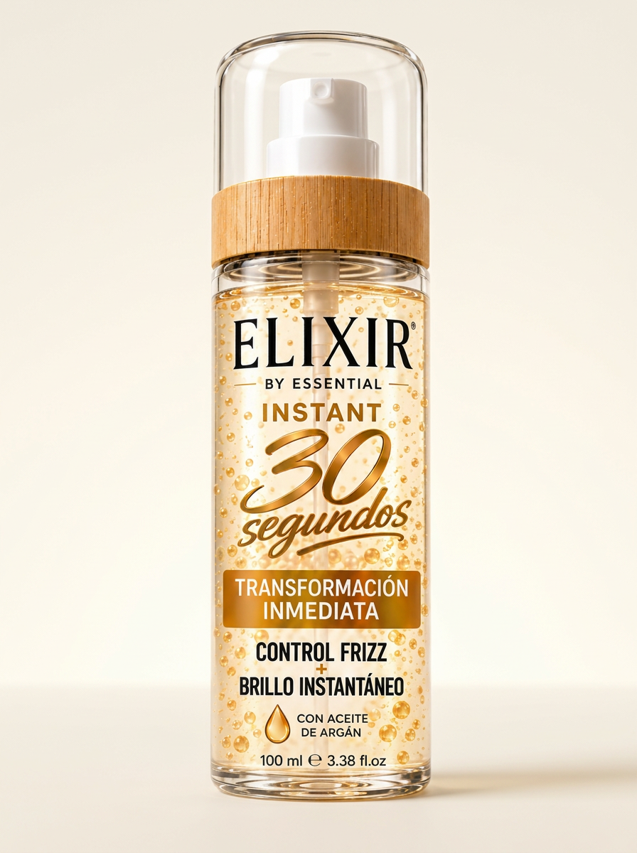 Botella ELIXIR Instant 30 segundos sobre fondo minimalista con aceite de argán y esferas doradas visibles en su interior
