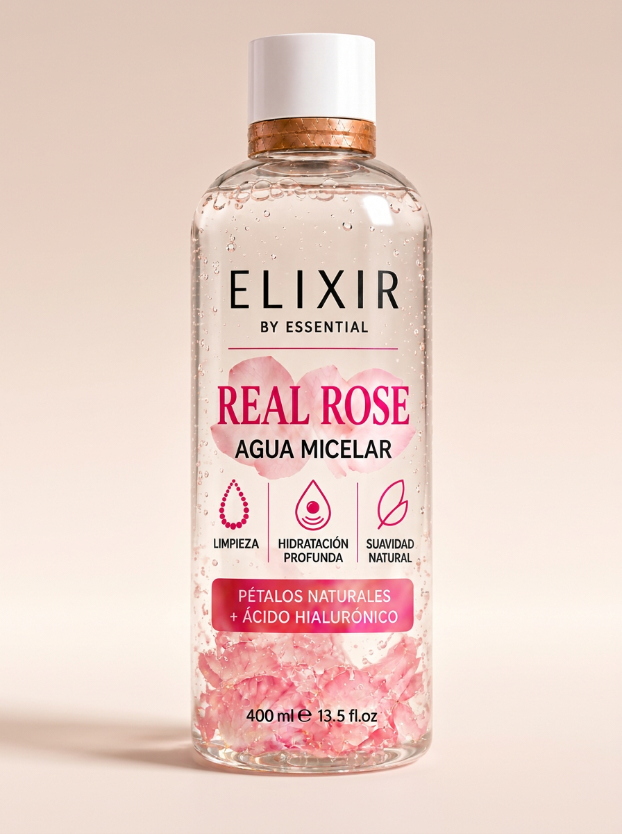 Botella ELIXIR Real Rose Agua Micelar 400 ml con pétalos naturales de rosa visibles en su interior
