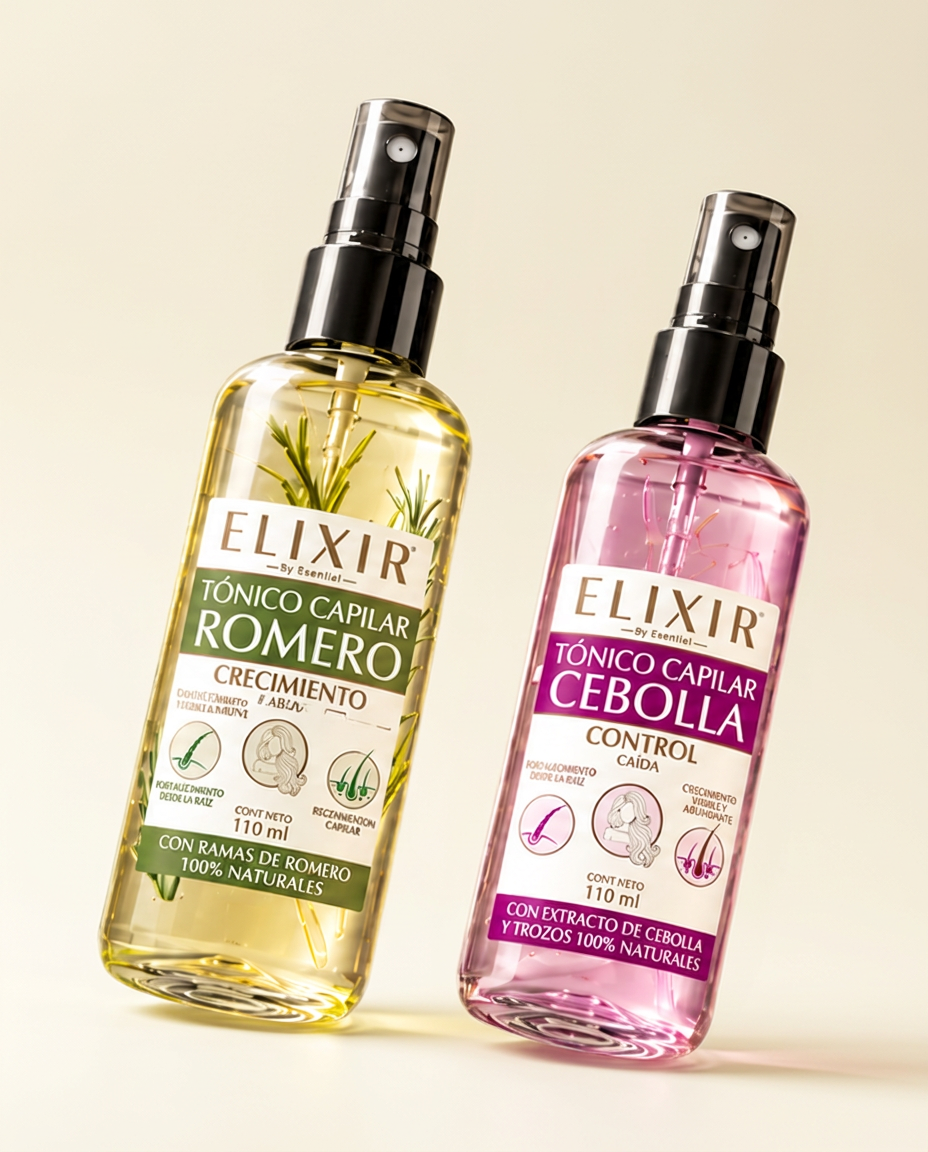 Tónicos capilares ELIXIR Romero y Cebolla con ingredientes botánicos visibles dentro de las botellas